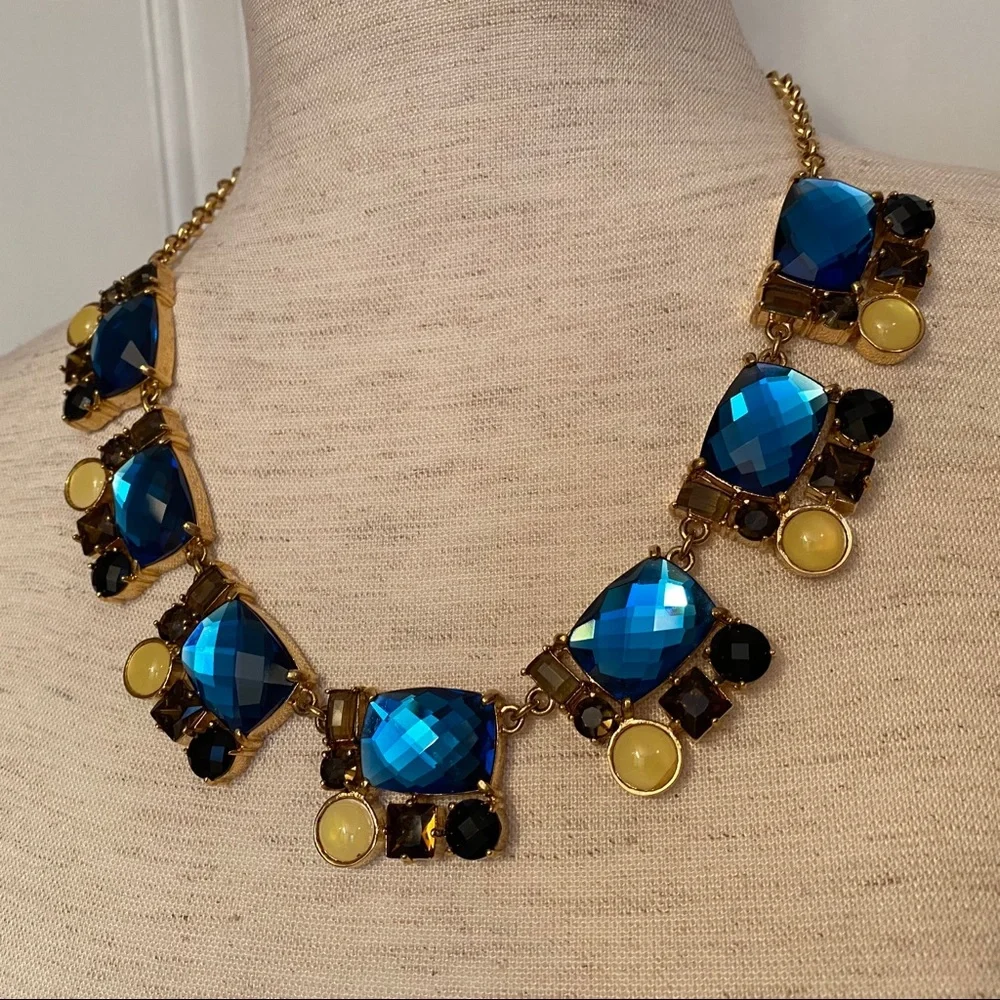 KATE SPADE NECKLACE GOLD STATEMENT BLUE FACETED GEM MEDALLIONS 20”